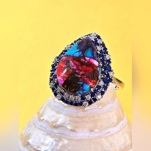 925 Sterling Silver Ring Sz 7.5 with Mohave Oyster Turquoise & Nano Crystals - Picture 8 of 12